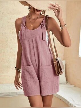 Mauve Pink Textured Tie-Shoulder Romper